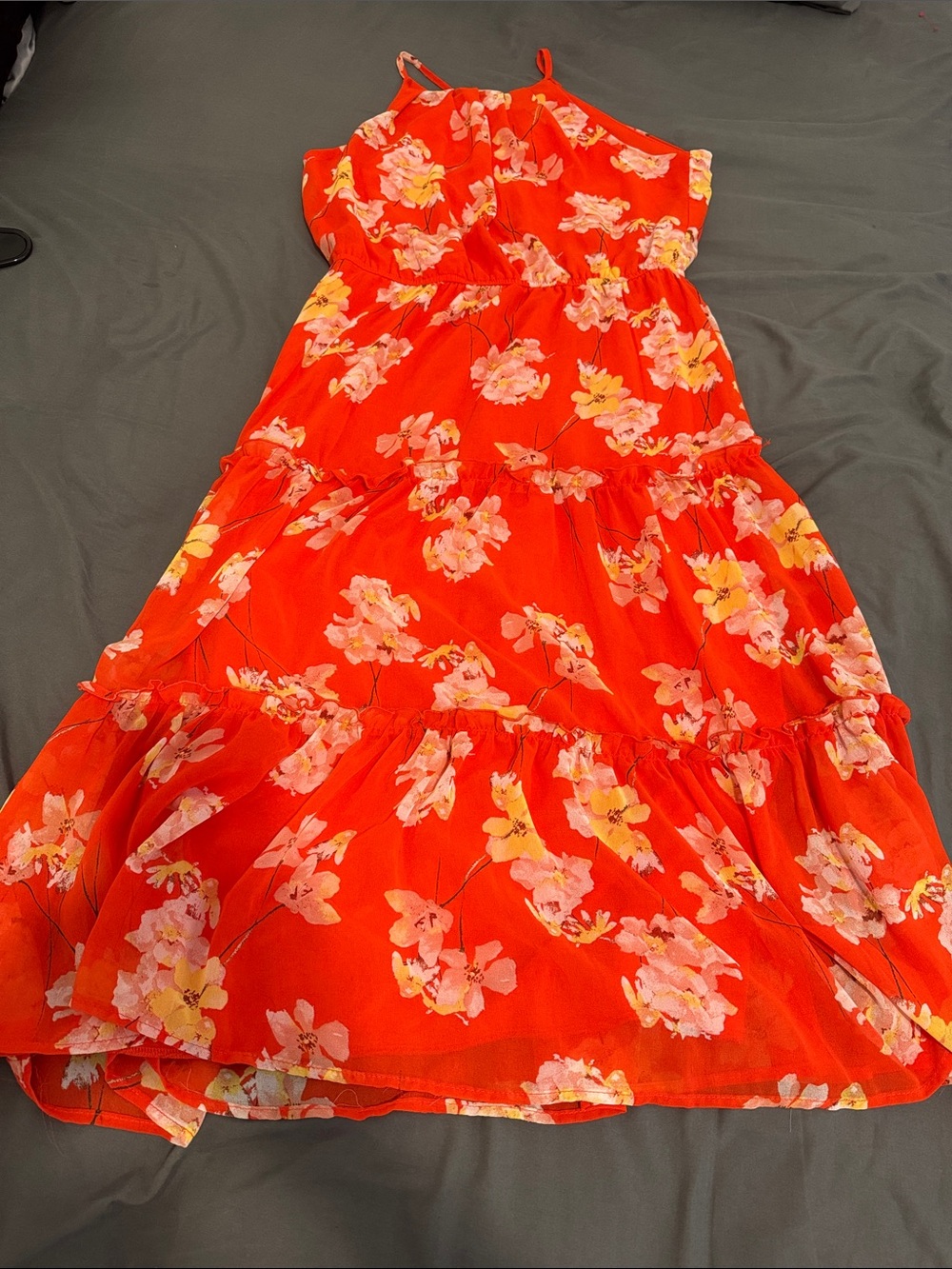 Trixxi Vibrant Orange Red Floral Tiered Sundress with Pink & Yellow Blooms